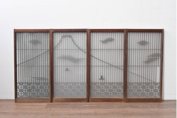ヴィンテージ建具　昭和中期　雄大な富士山を描いた組子入り書院窓4枚セット　(R-085601)