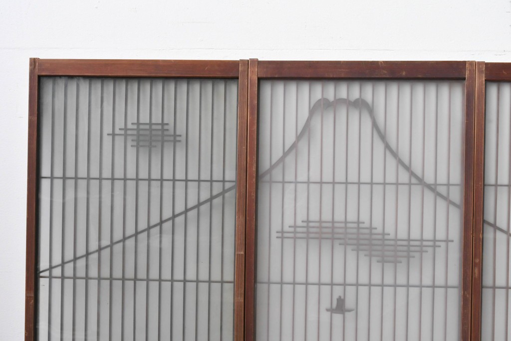 ヴィンテージ建具　昭和中期　雄大な富士山を描いた組子入り書院窓4枚セット　(R-085601)