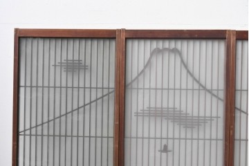 ヴィンテージ建具　昭和中期　雄大な富士山を描いた組子入り書院窓4枚セット　(R-085601)