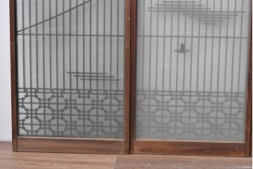 ヴィンテージ建具　昭和中期　雄大な富士山を描いた組子入り書院窓4枚セット　(R-085601)