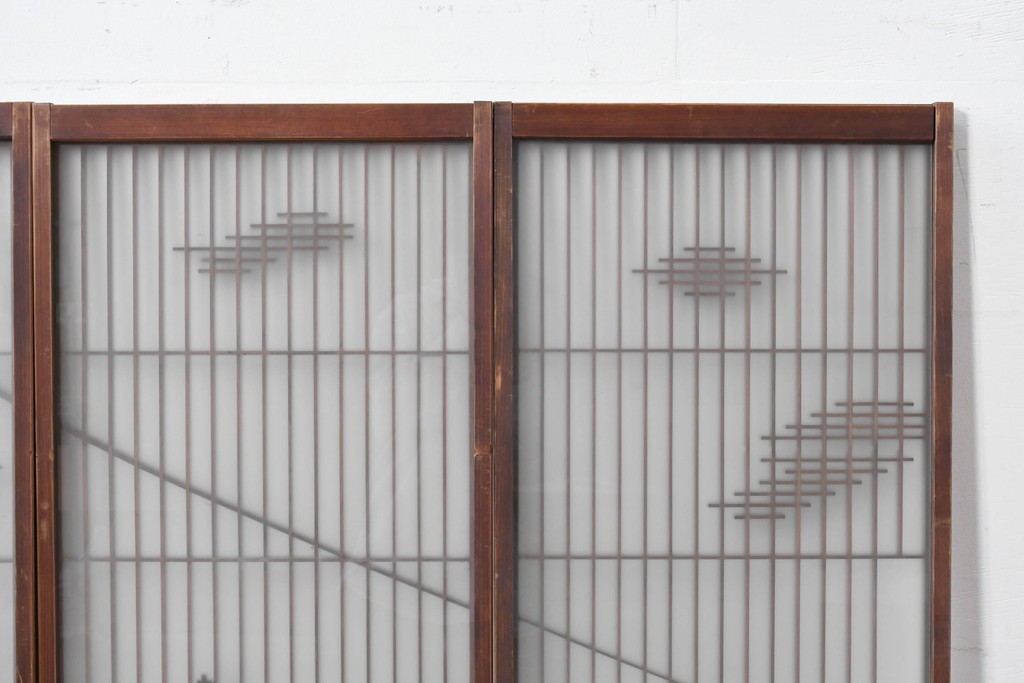 ヴィンテージ建具　昭和中期　雄大な富士山を描いた組子入り書院窓4枚セット　(R-085601)