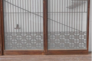 ヴィンテージ建具　昭和中期　雄大な富士山を描いた組子入り書院窓4枚セット　(R-085601)