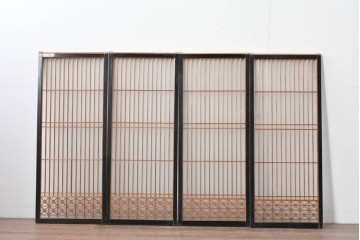 ヴィンテージ建具　昭和中期　片面ガラス　黒框に組子細工が引き立つ書院戸4枚セット　(R-085602)