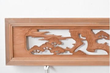 ヴィンテージ建具　昭和中期　松と飛ぶ鳥の彫刻が美しい欄間2枚セット　(R-085622)