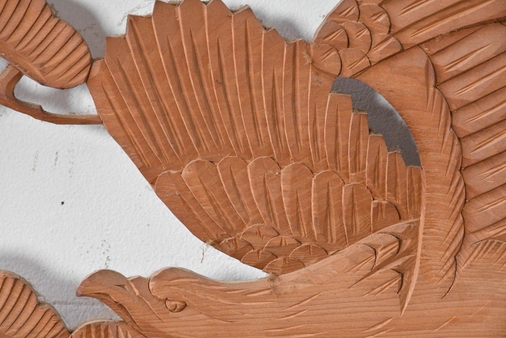 ヴィンテージ建具　昭和中期　松と飛ぶ鳥の彫刻が美しい欄間2枚セット　(R-085622)