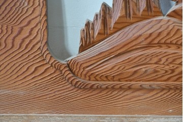 ヴィンテージ建具　昭和中期　山水風景の彫刻が目を引く欄間2枚セット　(R-085625)