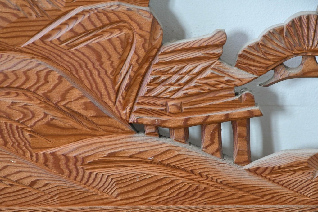 ヴィンテージ建具　昭和中期　山水風景の彫刻が目を引く欄間2枚セット　(R-085625)