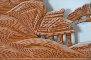 ヴィンテージ建具　昭和中期　山水風景の彫刻が目を引く欄間2枚セット　(R-085625)