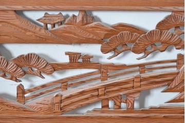 ヴィンテージ建具　昭和中期　山水風景の彫刻が目を引く欄間2枚セット　(R-085625)