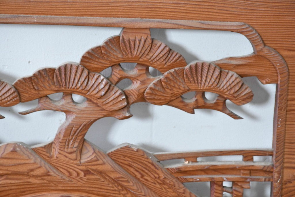 ヴィンテージ建具　昭和中期　山水風景の彫刻が目を引く欄間2枚セット　(R-085625)