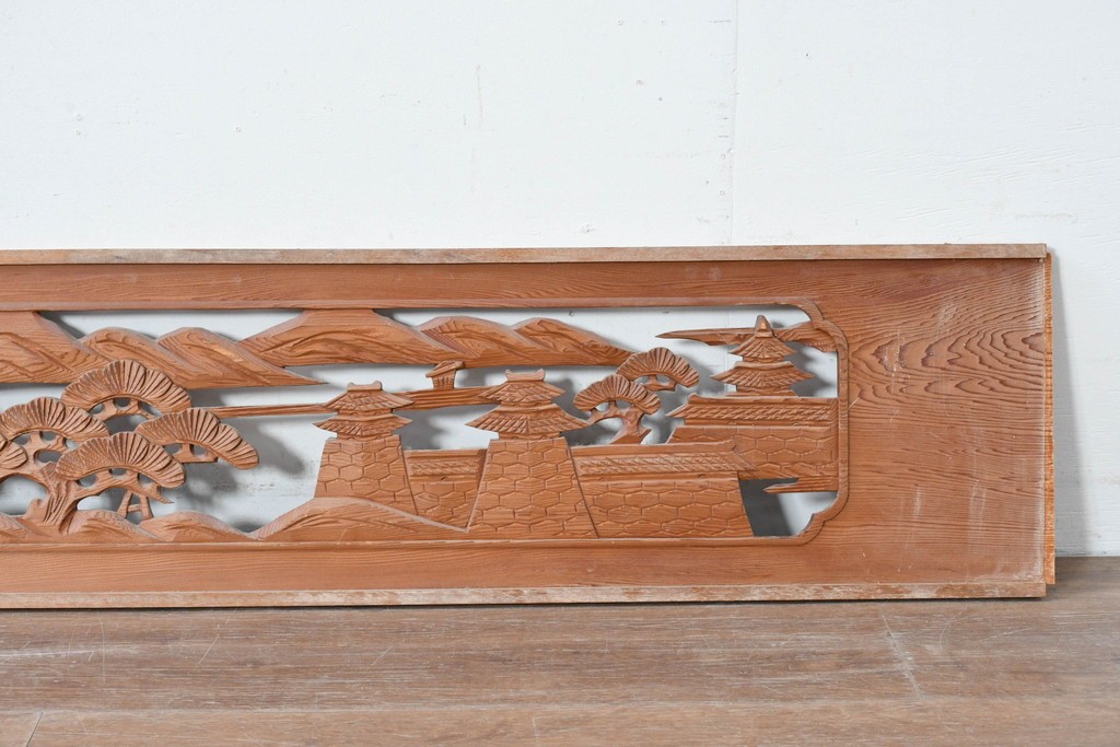 ヴィンテージ建具　昭和中期　山水風景の彫刻が目を引く欄間2枚セット　(R-085625)