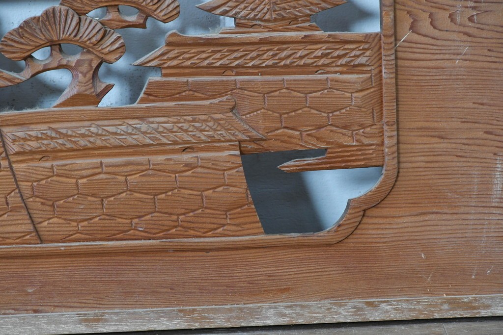 ヴィンテージ建具　昭和中期　山水風景の彫刻が目を引く欄間2枚セット　(R-085625)