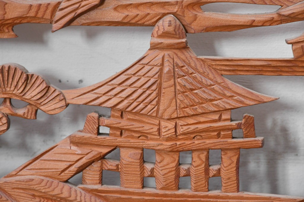 ヴィンテージ建具　昭和中期　山水風景の彫刻が目を引く欄間2枚セット　(R-085625)