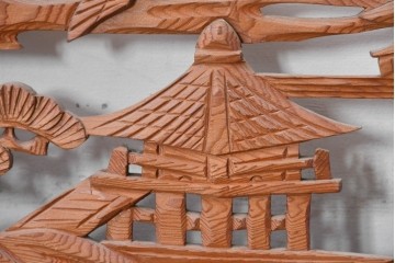 ヴィンテージ建具　昭和中期　山水風景の彫刻が目を引く欄間2枚セット　(R-085625)