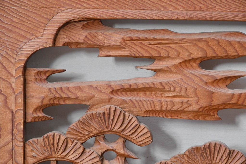 ヴィンテージ建具　昭和中期　山水風景の彫刻が目を引く欄間2枚セット　(R-085625)