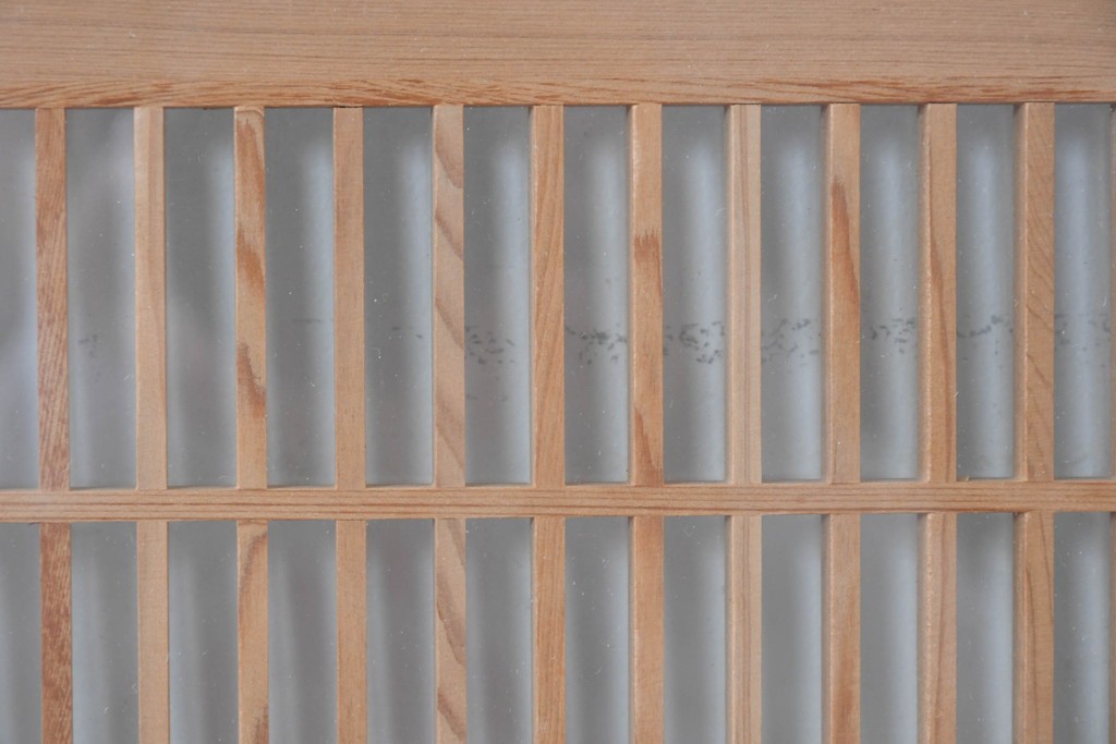 ヴィンテージ建具　昭和後期　細格子に松竹梅の彫刻が際立つ両面ガラスの欄間2枚セット　(R-085632)