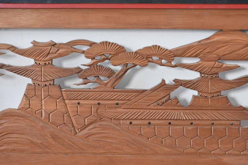 アンティーク建具　大正から昭和初期　黒漆枠　松竹梅や山水の風景を彫刻した欄間3枚セット　(R-085636)