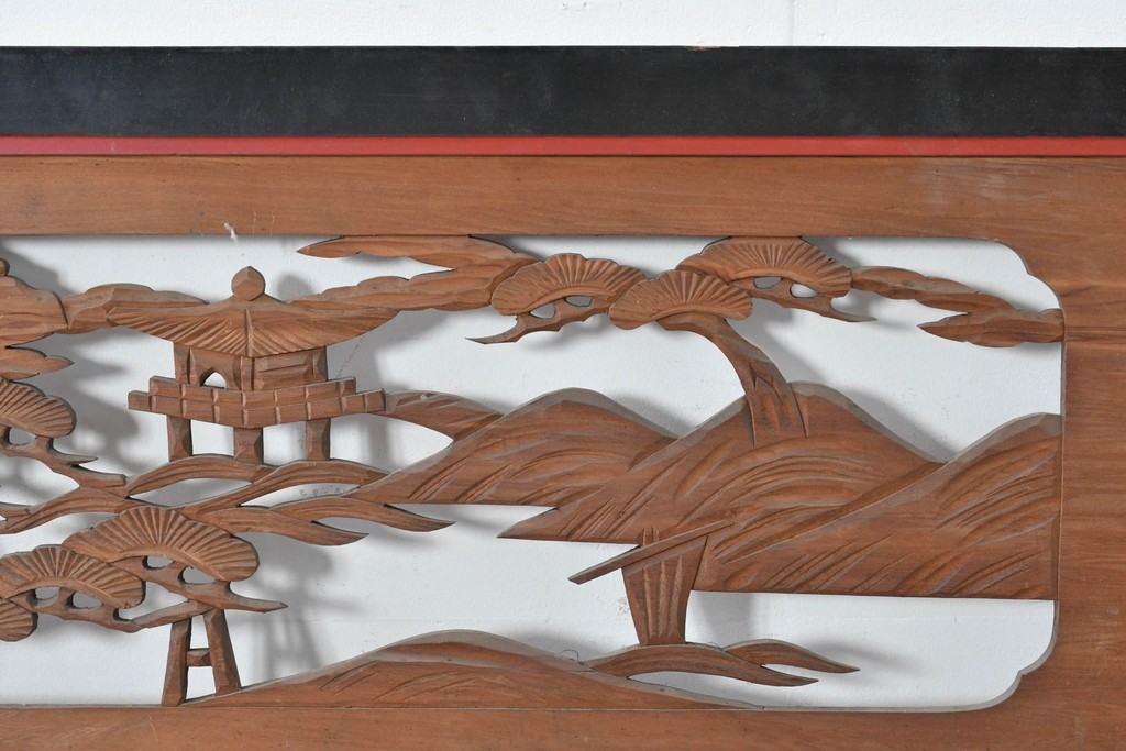 アンティーク建具　大正から昭和初期　黒漆枠　松竹梅や山水の風景を彫刻した欄間3枚セット　(R-085636)