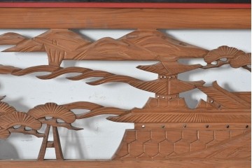 アンティーク建具　大正から昭和初期　黒漆枠　松竹梅や山水の風景を彫刻した欄間3枚セット　(R-085636)