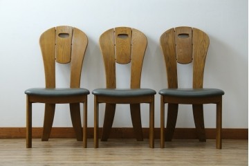 中古　美品　希少な廃番品　浜本工芸　オーク材　フェイクレザー　扇形背もたれのモダンなダイニングチェア3脚セット　(R-085641)