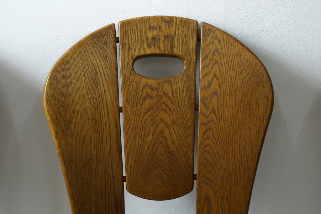 中古　美品　希少な廃番品　浜本工芸　オーク材　フェイクレザー　扇形背もたれのモダンなダイニングチェア3脚セット　(R-085641)