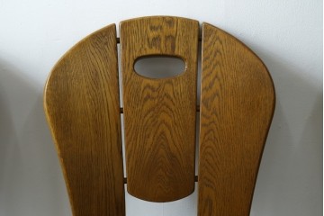 中古　美品　希少な廃番品　浜本工芸　オーク材　フェイクレザー　扇形背もたれのモダンなダイニングチェア3脚セット　(R-085641)