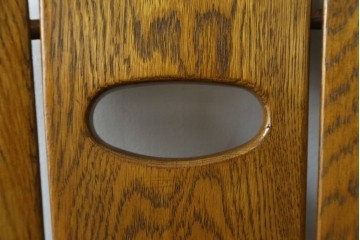 中古　美品　希少な廃番品　浜本工芸　オーク材　フェイクレザー　扇形背もたれのモダンなダイニングチェア3脚セット　(R-085641)