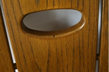 中古　美品　希少な廃番品　浜本工芸　オーク材　フェイクレザー　扇形背もたれのモダンなダイニングチェア3脚セット　(R-085641)