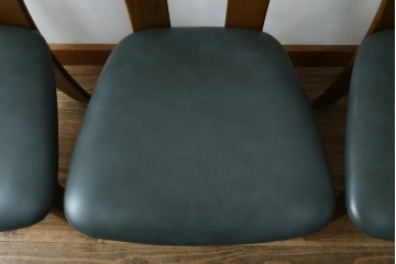 中古　美品　希少な廃番品　浜本工芸　オーク材　フェイクレザー　扇形背もたれのモダンなダイニングチェア3脚セット　(R-085641)