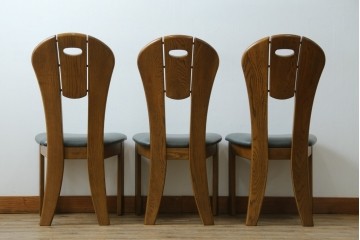中古　美品　希少な廃番品　浜本工芸　オーク材　フェイクレザー　扇形背もたれのモダンなダイニングチェア3脚セット　(R-085641)
