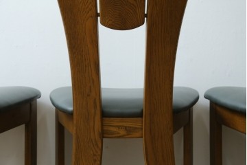 中古　美品　希少な廃番品　浜本工芸　オーク材　フェイクレザー　扇形背もたれのモダンなダイニングチェア3脚セット　(R-085641)