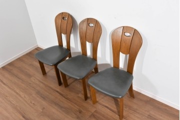 中古　美品　希少な廃番品　浜本工芸　オーク材　フェイクレザー　扇形背もたれのモダンなダイニングチェア3脚セット　(R-085641)