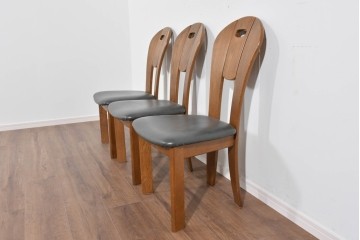 中古　美品　希少な廃番品　浜本工芸　オーク材　フェイクレザー　扇形背もたれのモダンなダイニングチェア3脚セット　(R-085641)