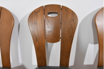 中古　美品　希少な廃番品　浜本工芸　オーク材　フェイクレザー　扇形背もたれのモダンなダイニングチェア3脚セット　(R-085641)