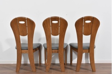 中古　美品　希少な廃番品　浜本工芸　オーク材　フェイクレザー　扇形背もたれのモダンなダイニングチェア3脚セット　(R-085641)