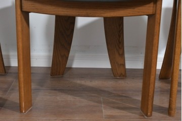 中古　美品　希少な廃番品　浜本工芸　オーク材　フェイクレザー　扇形背もたれのモダンなダイニングチェア3脚セット　(R-085641)