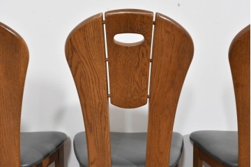 中古　美品　希少な廃番品　浜本工芸　オーク材　フェイクレザー　扇形背もたれのモダンなダイニングチェア3脚セット　(R-085641)