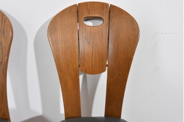 中古　美品　希少な廃番品　浜本工芸　オーク材　フェイクレザー　扇形背もたれのモダンなダイニングチェア3脚セット　(R-085641)