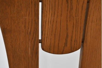 中古　美品　希少な廃番品　浜本工芸　オーク材　フェイクレザー　扇形背もたれのモダンなダイニングチェア3脚セット　(R-085641)