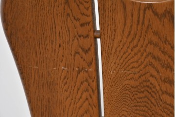 中古　美品　希少な廃番品　浜本工芸　オーク材　フェイクレザー　扇形背もたれのモダンなダイニングチェア3脚セット　(R-085641)