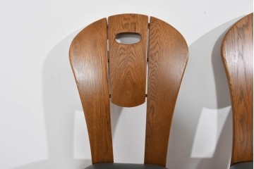 中古　美品　希少な廃番品　浜本工芸　オーク材　フェイクレザー　扇形背もたれのモダンなダイニングチェア3脚セット　(R-085641)