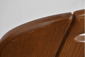 中古　美品　希少な廃番品　浜本工芸　オーク材　フェイクレザー　扇形背もたれのモダンなダイニングチェア3脚セット　(R-085641)