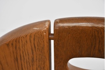 中古　美品　希少な廃番品　浜本工芸　オーク材　フェイクレザー　扇形背もたれのモダンなダイニングチェア3脚セット　(R-085641)