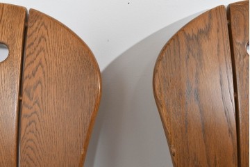 中古　美品　希少な廃番品　浜本工芸　オーク材　フェイクレザー　扇形背もたれのモダンなダイニングチェア3脚セット　(R-085641)