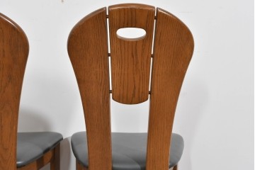 中古　美品　希少な廃番品　浜本工芸　オーク材　フェイクレザー　扇形背もたれのモダンなダイニングチェア3脚セット　(R-085641)