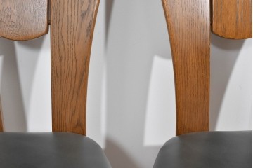 中古　美品　希少な廃番品　浜本工芸　オーク材　フェイクレザー　扇形背もたれのモダンなダイニングチェア3脚セット　(R-085641)