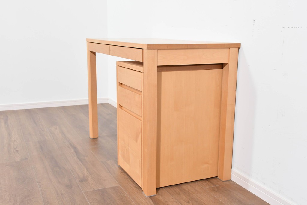 中古　美品　杉工場　木と風シリーズ　メープル材　直線的なデザインが美しいデスク・チェア・デスクワゴンの3点セット　定価約15万円　(R-085660)