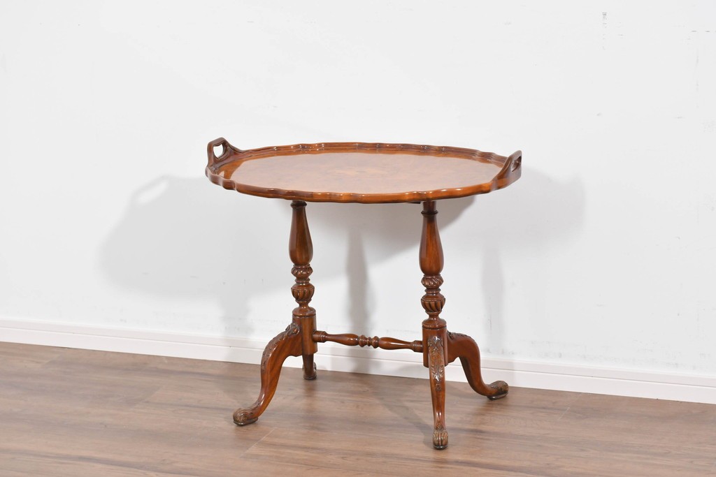 中古　美品　JANSEN(ジャンセン)　マホガニー材　縁取りの意匠が優雅なオーバルティーテーブル　定価約10万円　(R-085665)