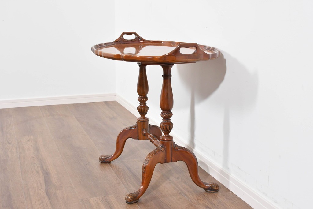 中古　美品　JANSEN(ジャンセン)　マホガニー材　縁取りの意匠が優雅なオーバルティーテーブル　定価約10万円　(R-085665)