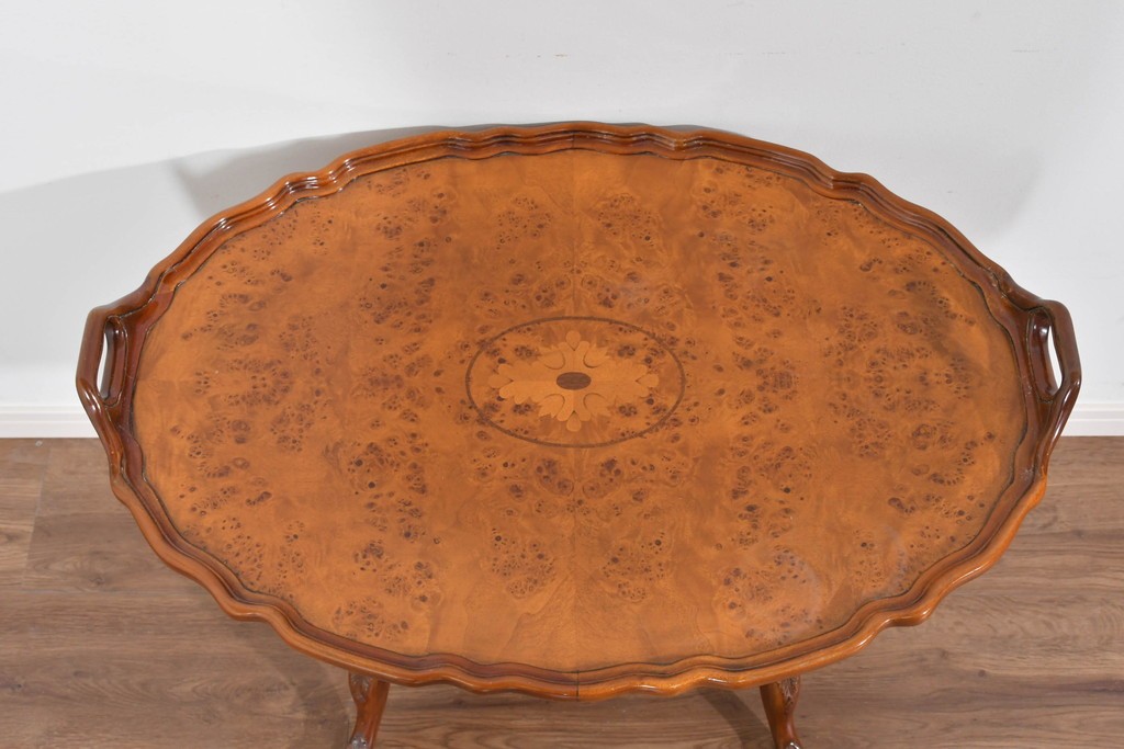 中古　美品　JANSEN(ジャンセン)　マホガニー材　縁取りの意匠が優雅なオーバルティーテーブル　定価約10万円　(R-085665)